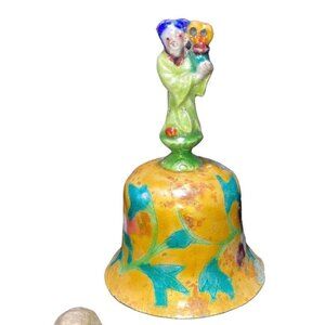 Vintage Hand-Painted Ceramic Bell With Floral Design & Figurine Handle